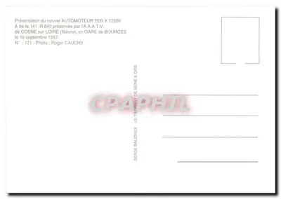 Nowoczesny pociąg TER X 72500 i lokomotywa R 840 — prezentacja na stacji Cosne-sur-Loire — A.A.A.T.V. & Roger Cauchy — Rewers