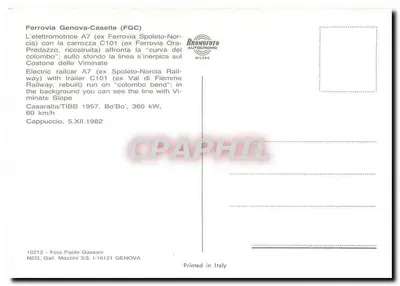 Ferrovia Genova-Casella (FGC) — Elektryczny pojazd A7 z przyczepą C101 — wydawca Bromorfoto Milano, nr 10212 — Rewers