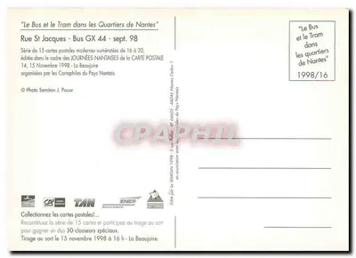 Rue St Jacques — Bus GX 44 — Karta pocztowa nr 16 z serii 'Autobus i tramwaj w dzielnicach Nantes' — wydane przez SEMITAIS w 1998 roku — Rewers