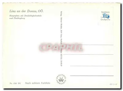 Linz an der Donau, OÖ. — Hauptplatz com a Coluna da Trindade e Pöstlingberg — Editora: Helmut Winkler, 8041 Graz — Verso