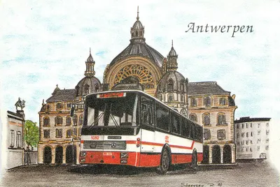 Antwerpen — desenho de um ônibus em frente à estação — Sørensen P. 84