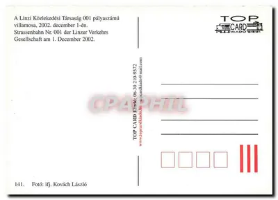 Tramwaj z Linz — Linz AG — wydanie TOP CARD — Rewers
