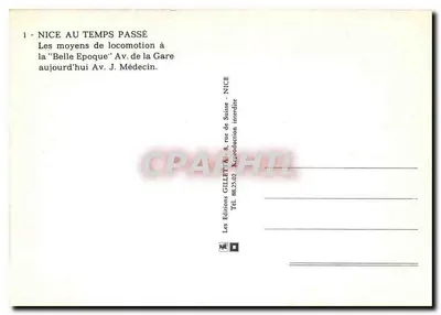 Nice - Meios de locomoção na Belle Époque — Av. J. Médecin — Edições GILLET — Verso