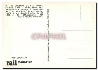 Trem de carga na GiselaBahn — passagem Salzburgo-Innsbruck — tração dupla CC 1020 e BB 1044 — Éditions Rail Magazine — Verso