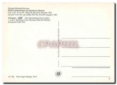 Lokomotywy przed Remise w Bauma — Szwajcaria — DVZO-Lokomotywy, wydawca Rud. Suter AG, nr 702 — Rewers