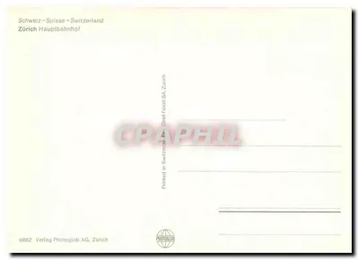 Główny dworzec kolejowy w Zurych — widok panoramiczny — Wydawnictwo Photoglob AG Zurych, nr 6662 — Rewers