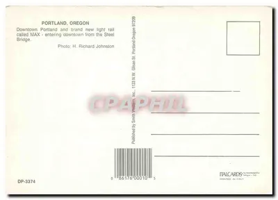 Portland — widok z lotu ptaka miasta z tramwajem MAX — wydawca Italcards, n° DP-3374 — Rewers