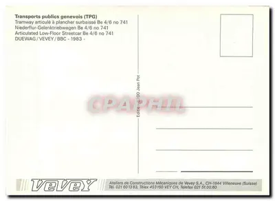 Tramway articulado com piso rebaixado Be 4/6 n° 741 — Transports publics genevois (TPG) — editor Ateliers de Constructions Mécaniques de Vevey S.A. — Verso