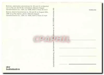 Elektryczne lokomotywy F.C.G. nr 30 i 31 — La Paz, Boliwia — wydawca der bahnladen, nr 10363/83 — Rewers