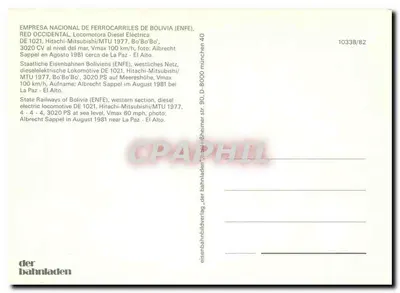 Trem da Empresa Nacional de Ferrocarriles de Bolivia — locomotiva DE 1021 — editor der Bahnhalden, n° 10338/82 — Verso