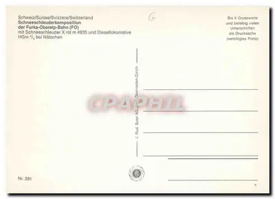 Composição de desnevegamento da Furka-Oberalp-Bahn (FO) — desnevegador X vermelho m 4935 e locomotiva diesel HGm 4/4 em Nätschen — Rud. Suter AG, Oberrieden/Zürich, n.º 281 — Verso