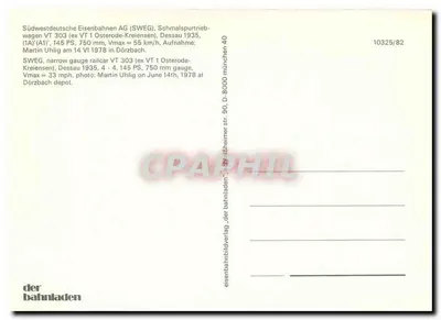 Tramway de via estreita VT 303 — ex VT 1 Osterode-Kreiensen — editor der bahnladen, n° 10325/82 — Verso