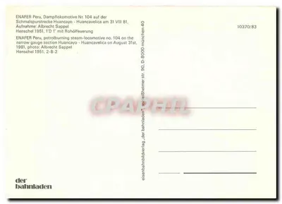 Parowóz nr 104 — ENAFAER Peru — odcinek Huancayo-Huancavelica — fotografia Albrechta Sappela — 1981 — Rewers