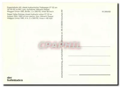 Pociąg Regentalbahn AG w Lam — stacja i lokomotywa VT 02 — wydawca der bahnladen, n° 10 369/83 — Rewers