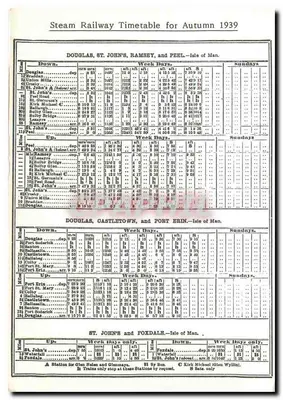 Manx Railways & Tramways — Rozkład jazdy kolei parowozowej na jesień 1939 — Rewers