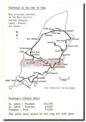Trem n°8 na estação de Ramsey — Ilha de Man — carta das linhas ferroviárias — Verso