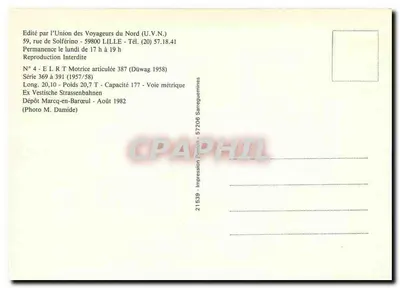 Złączone tramwaje nr 387 — seria 369 do 391 (Düwag 1957/58) — Wydane przez Związek Kierowców Północnych — Rewers