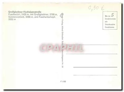 Widok z przełęczy Großglockner — zwinna droga z żółtym autobusem — wydawca Verlag Alfred Grindler, Salzburg, nr 22 — Rewers