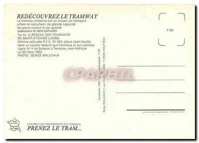 Tramwaj z Saint-Étienne — Linia 4, pojazd P.C.C. N° 555 — wydawca Tramway Écologie — Rewers
