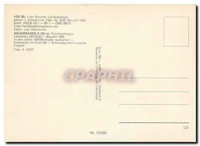 Lokomotywa Bh 1 — Steiermärkische Landesbahnen — Klub ZOPF Nr. 10.630 — Rewers