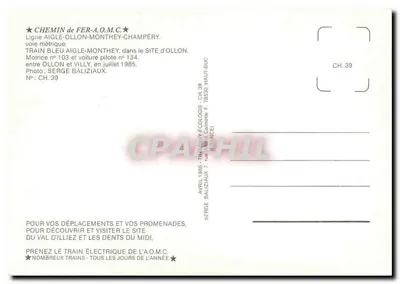 Trem azul Aigle-Montthey — linha métrica — Chemin de Fer A.O.M.C. n° CH. 39 — Verso