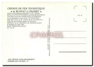 Chemin de fer touristique de Blonay à Chamby — Automotrice ABF EH 4/4 N°10 et troupeau de vaches — Photo Serge Baliziaux, n° CH. 41 — Rewers