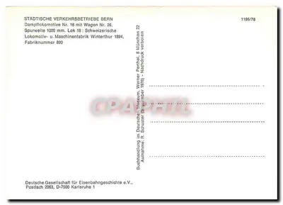 Locomotiva a vapor 18 e vagão 26 em Berna — STÄDTISCHE VERKEHRSBETRIEBE BERN, n° 1196/78 — Verso