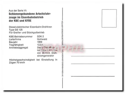 Vehículo ferroviario grúa Tipo GS 125 — Kölner Verkehrsbetriebe AG — Serie VI — Reverso