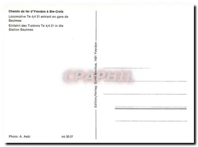 Locomotywa Te 4/4 21 wjazd do stacji Baulmes — Kolej Yverdon-Ste-Croix — Édition A. Minikus, no 30.07 — Rewers