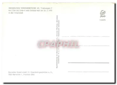 Tramway en Innsbruck — dos vehículos en la línea 4 hacia Solbad Hall — edición Deutsche Gesellschaft für Eisenbahngeschichte e.V. — Reverso