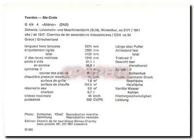 Yverdon — Ste-Croix — G 4/4 « Aliénor » (Dh2t) — Chemins de fer secondaires thessaloniciens — Verso