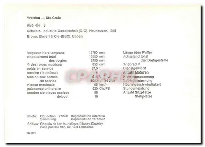 Yverdon-St-Croix — Trem — Edição Ferrovia Turística Blonay-Chamby, caixa postal 187, CH 1031 Lausanne — Verso