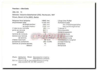 Tramwaj Yverdon-St-Croix — Tramwaj n°3 — Wydawca: Turystyczne Koleje Blonay-Chamby, skrzynka pocztowa 187, CH 1001 Lausanne — Rewers