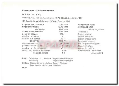 Tramway Lausanne — Echallens — Bercher — BDc 4/4 (CFe) — SA dos Ateliers de Sécheron (SAAS), Genebra, 1935 — Verso