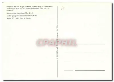 Aigle — Oillon — Monthey — Champéry — Elektryczna automotryca BDDe 4/4 111 — wydawca MINIREX AG, nr 1554 — Rewers