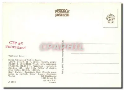 Ônibus articulado trolley FBW 633 — Champeel-Pl. Reverdin — Peacock Postcards CTP #5 — Verso