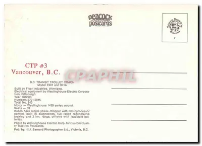 B.C. Transit Trolley Coach — Vancouver, B.C. — Peacock Postcards n°7 — Verso