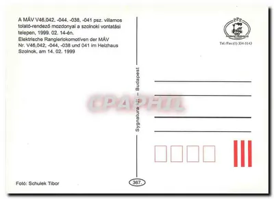 Lokomotives MÁV V46 042 — 044, 038, 041 — Szolnok, 14 de fevereiro de 1999 — editor P.P.P. Budapest, n° 367 — Verso
