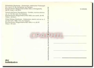 Teleférico de Ritten - Oberbozen — carruagem elétrica n°2, 1906 — editor der bahnladen, n° 10 348/82 — Verso