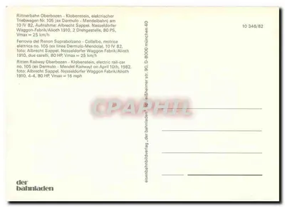 Trem elétrico Oberbozen - Klobenstein — Ritten Railway — editor der bahnladen, n° 10 346/82 — Verso