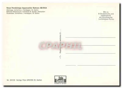 Appenzeller Bahnen — trens vermelhos nas montanhas — editor Foto GROSS St. Gallen, n° 39515 — Verso