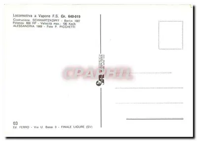 Locomotiva a vapor F.S. Gr. 640-019 — Berlim 1907 — Ed. Ferro, Finale Ligure — Verso