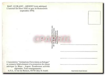 Romorantin — Autorail De Dion X202 — Édition A.F.S. / A.P.P.E.V. — Verso