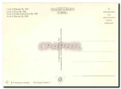 Zillertalbahn Tirol — Quatro locomotivas a vapor — editor KTV, Innsbruck — Verso