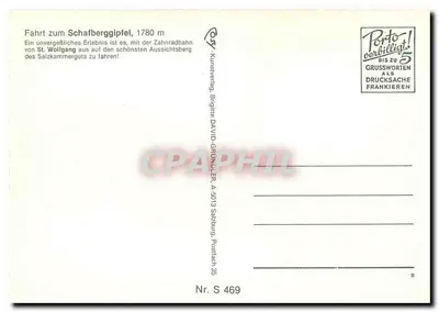 Viagem ao cume do Schafberg, 1780 m — Trem de cremalheira do Salzkammergut — editor DAVID GRÜNLER, A-5013 Salzburg, Caixa Postal 35, n° S 469 — Verso