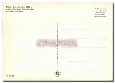 Estação Eigergletscher — com Jungfraubahn, glaciar e Montanha Jungfrau 4099 m — Rud. Suter AG, Churtrieden-Zürich, n° 19860 — Verso
