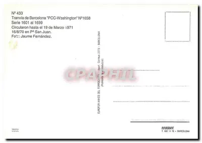 Tramway de Barcelona "PCC-Washington" — série 1601 a 1699 — editor Futurgrafic, n° 433 — Verso