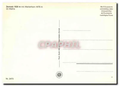 Zermatt — widok na wioskę z Matterhornem — Rud. Suter AG, Oberrieden-Zürich, nr 2473 — Rewers