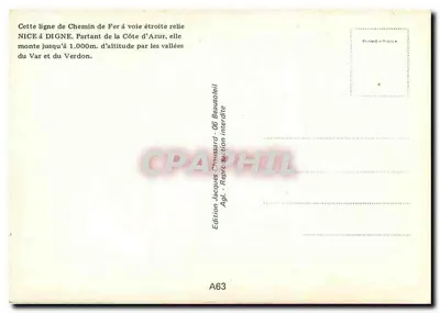 Le pont leviss d'Entrevaux — Chemins de Fer de Provence — Édition Jacques Chaussard — Verso