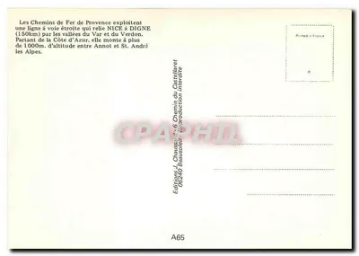 La gare d'Entrevaux et le plan de Puget — Chemins de Fer de Provence — Éditions J. Chaussard, 06240 Beausoleil — Verso